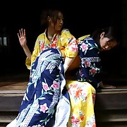 Japanese hotties in national outfit got asses spanked well